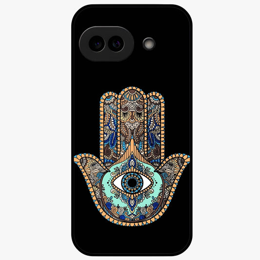 Mystic Hamsa Eye Glass Case showing flat back view with protective hamsa hand and evil eye artwork and glossy glass finish.