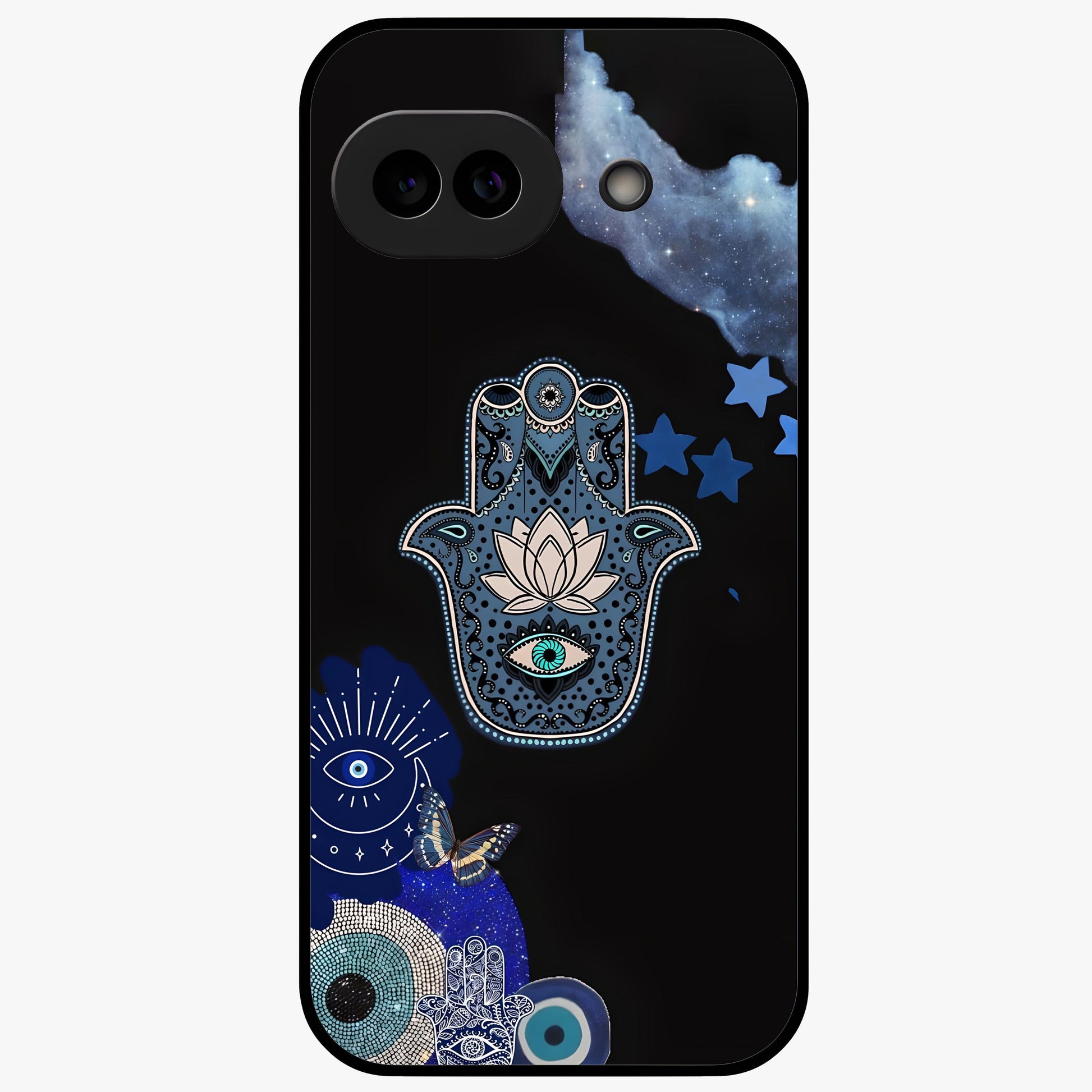 Mystic Hand Aura Glass Case showing flat back view with mystical hand symbol artwork and glossy glass finish.