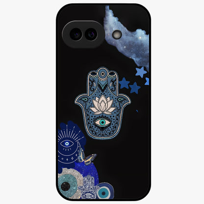 Mystic Hand Aura Glass Case showing flat back view with mystical hand symbol artwork and glossy glass finish.