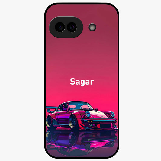 Neon Pink Porsche Glass Case showing flat back view with stylish sports car artwork and glossy glass finish.
