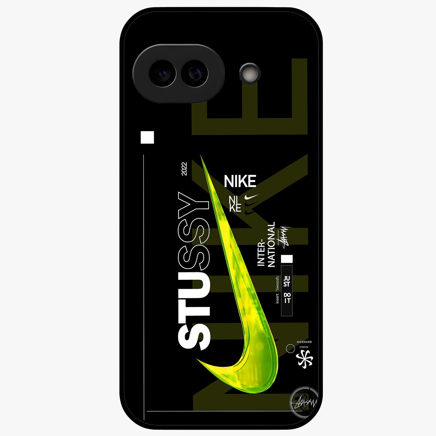 Neon Street Edition Glass Case showing flat back view with neon street style artwork and glossy glass finish.