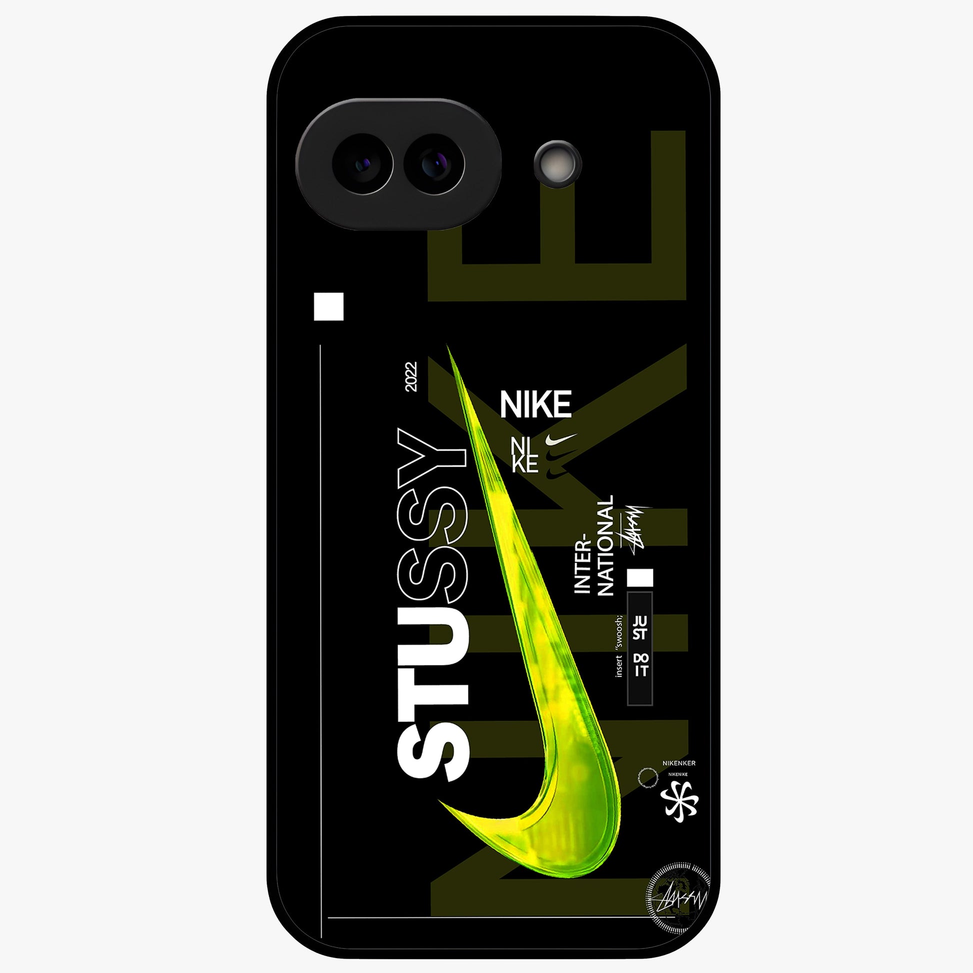 Neon Street Edition Glass Case showing flat back view with neon street style artwork and glossy glass finish.