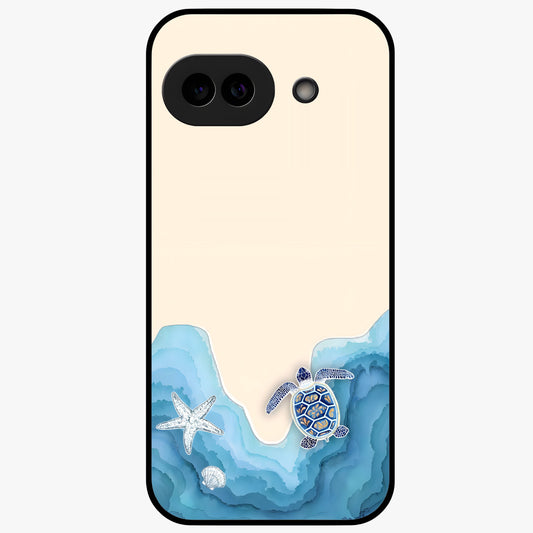 Ocean Drift Turtle Glass Case showing flat back view with sea turtle artwork and glossy glass finish.