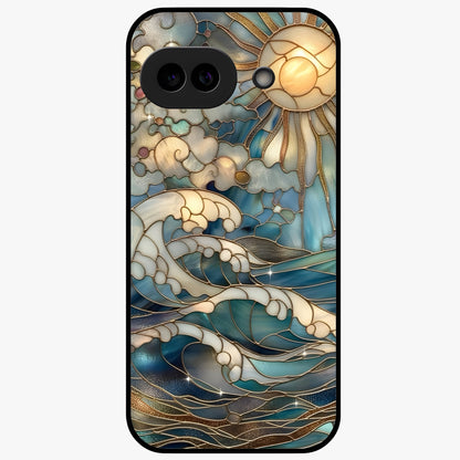 Oceanic Stained Printed Glass Case showing flat back view with ocean inspired stained pattern artwork and glossy glass finish.
