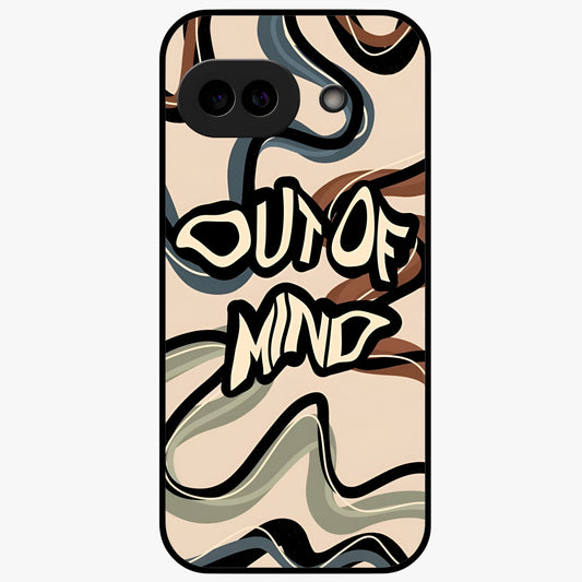 Out Of Mind Glass Case showing flat back view with expressive typography artwork and glossy glass finish.