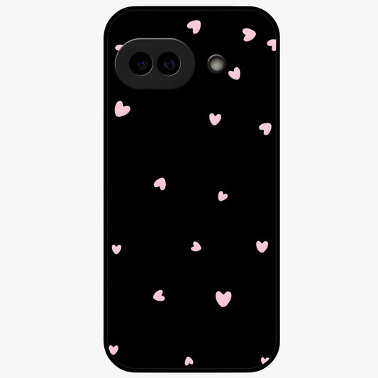 Pink Love Drops Glass Case showing flat back view with playful pink heart drops artwork and glossy glass finish.
