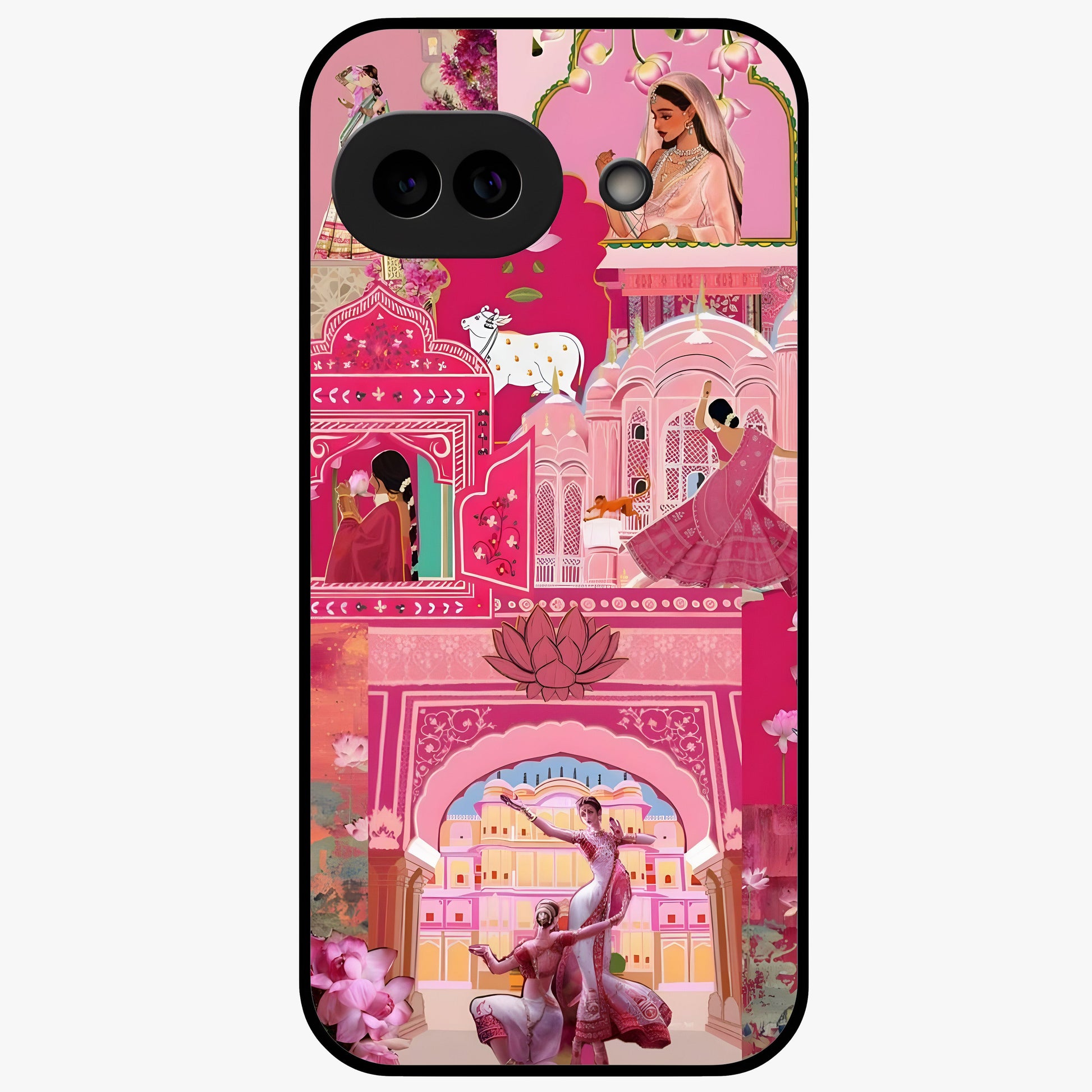 Pink Palace Muse Glass Case showing flat back view with elegant palace inspired artwork and glossy glass finish.