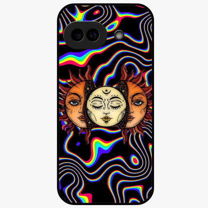 Psychedelic Sun Glass Case showing flat back view with colorful psychedelic sun artwork and glossy glass finish.