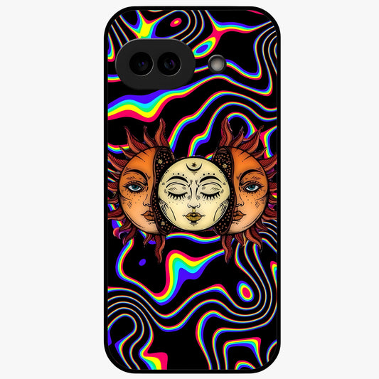 Psychedelic Sun Glass Case showing flat back view with colorful psychedelic sun artwork and glossy glass finish.