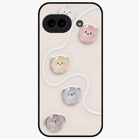 Puffy Face Parade Glass Case showing flat back view with cute puffy character faces artwork and glossy glass finish.
