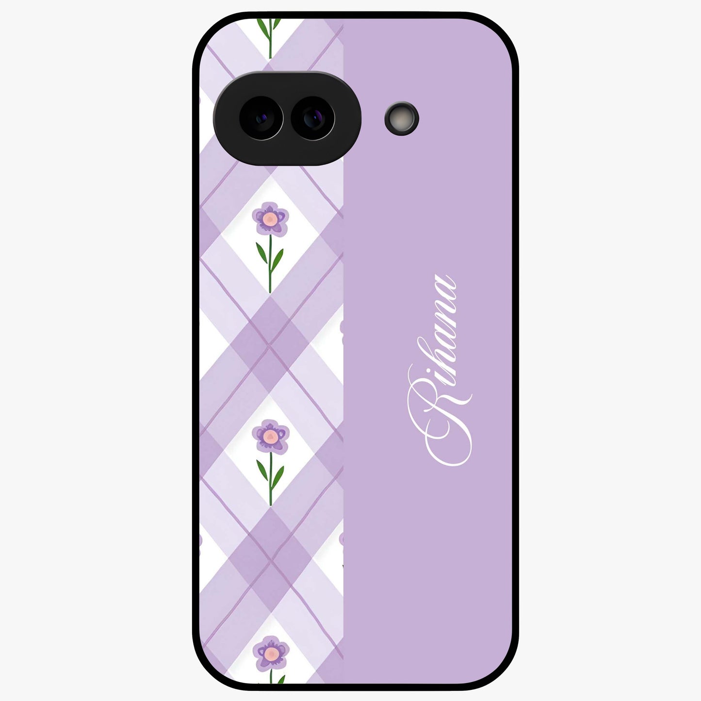 Purple Diamond Floral Glass Case showing flat back view with diamond shaped floral artwork and glossy glass finish.