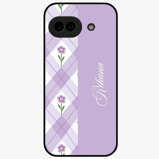 Purple Diamond Floral Glass Case showing flat back view with diamond shaped floral artwork and glossy glass finish.