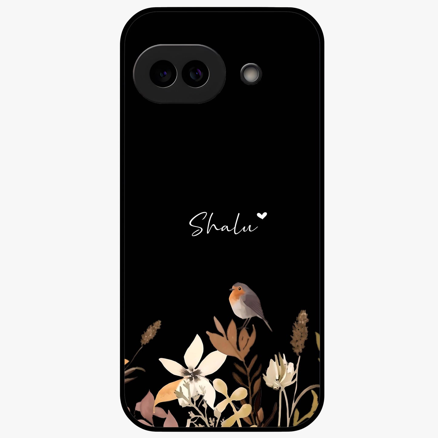 Quiet Garden Tune Custom Name Glass Case showing flat back view with peaceful garden artwork and personalized name design.