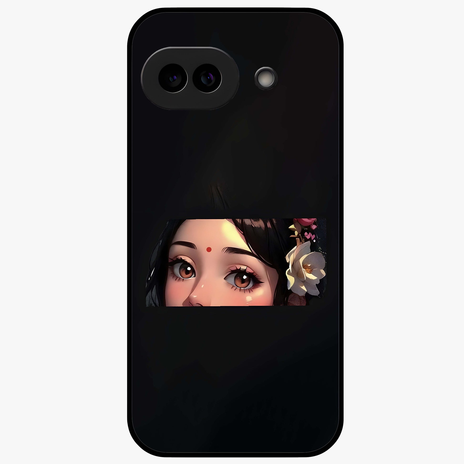 Radha Divine Embrace Glass Case showing flat back view with devotional Radha artwork and glossy glass finish.