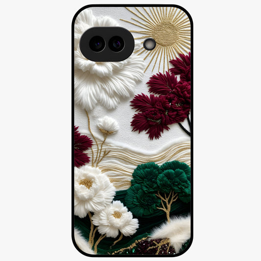 Radiant Bloom Elegance Glass Case showing flat back view with elegant blooming flower artwork and glossy glass finish.