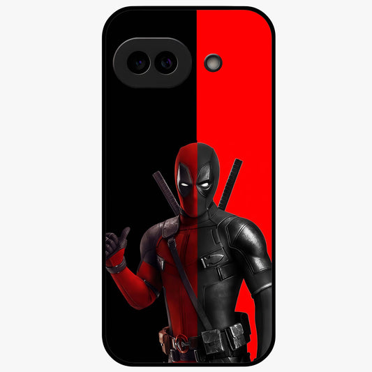 Red & Black Deadpool Theme Glass Case showing flat back view with bold comic inspired artwork and glossy glass finish.
