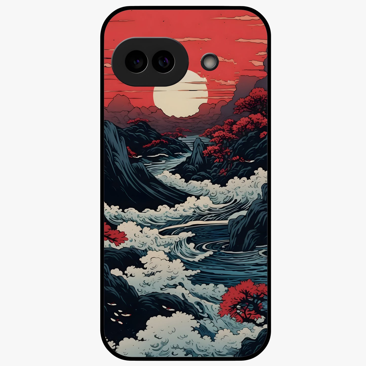Red Sunset Scenery Glass Case showing flat back view with vibrant sunset landscape artwork and glossy glass finish.