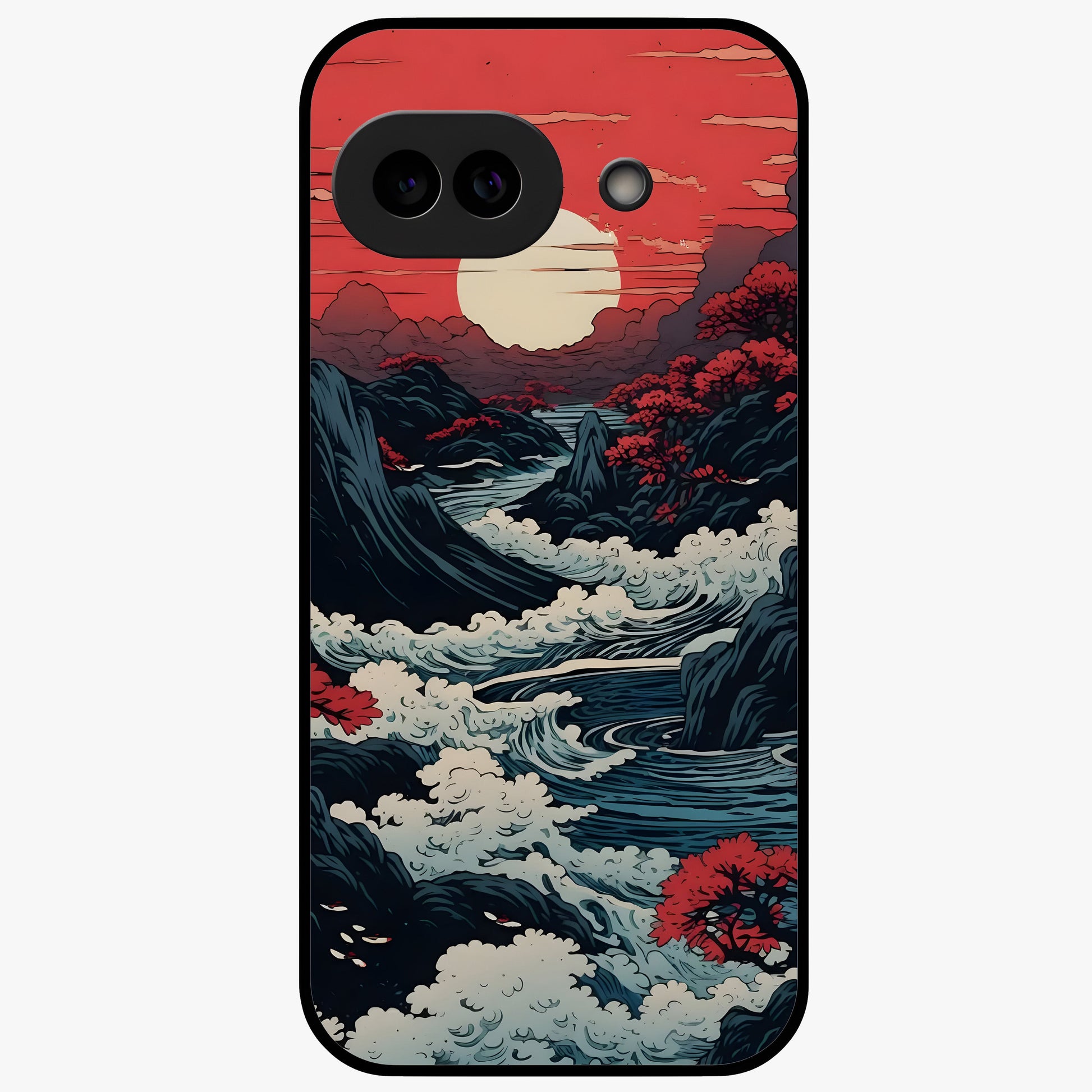 Red Sunset Scenery Glass Case showing flat back view with vibrant sunset landscape artwork and glossy glass finish.