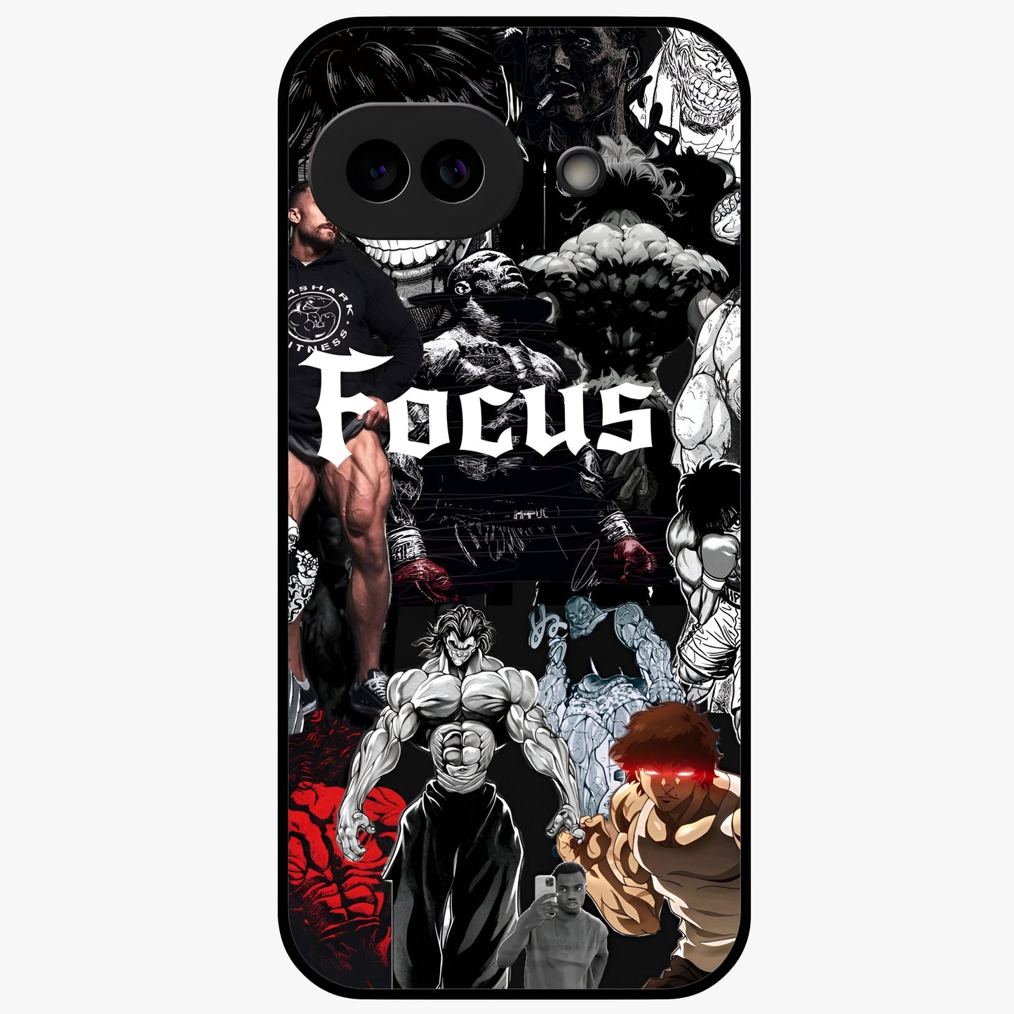 Relentless Power Focus Glass Case showing flat back view with motivational typography artwork and glossy glass finish.
