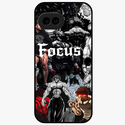 Relentless Power Focus Glass Case showing flat back view with motivational typography artwork and glossy glass finish.