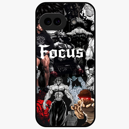 Relentless Power Focus Glass Case showing flat back view with motivational typography artwork and glossy glass finish.
