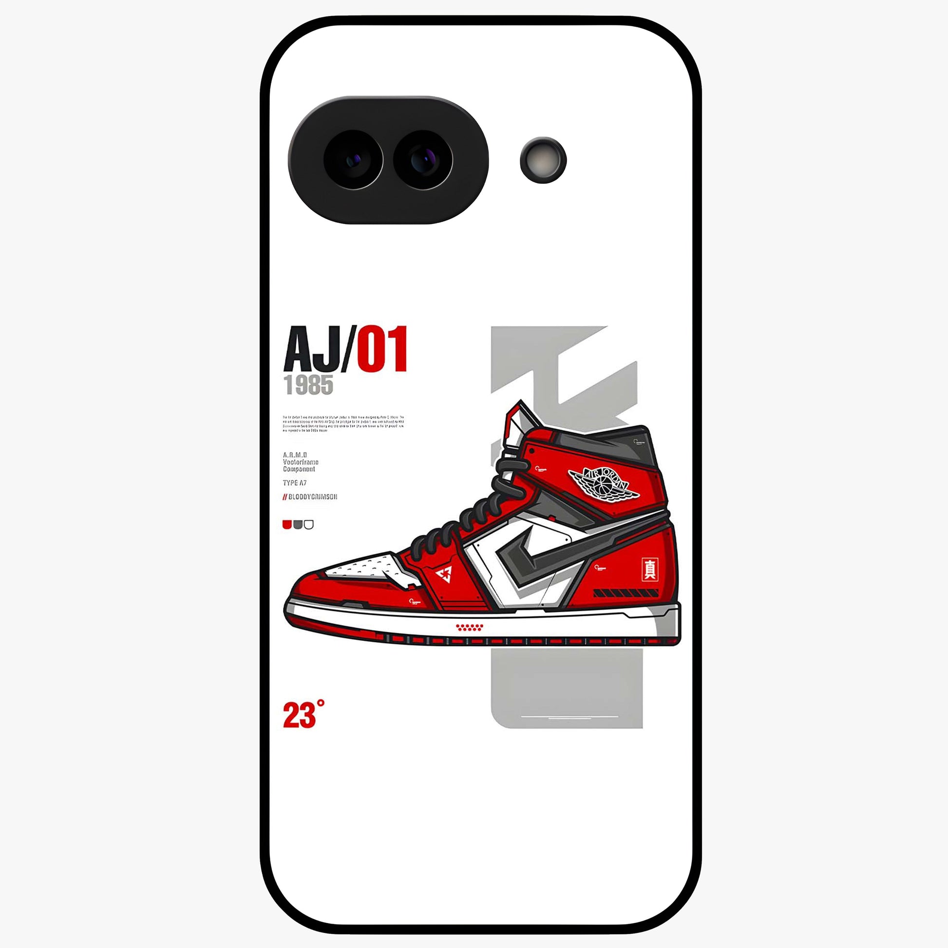 Retro Sneaker Blueprint Glass Case showing flat back view with sneaker blueprint style artwork and glossy glass finish.
