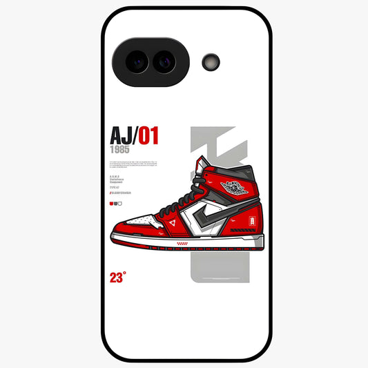 Retro Sneaker Blueprint Glass Case showing flat back view with sneaker blueprint style artwork and glossy glass finish.