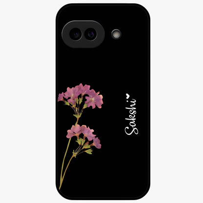 Riching Lavender Flower Custom Name Glass Case showing flat back view with lavender floral artwork and personalized name design.