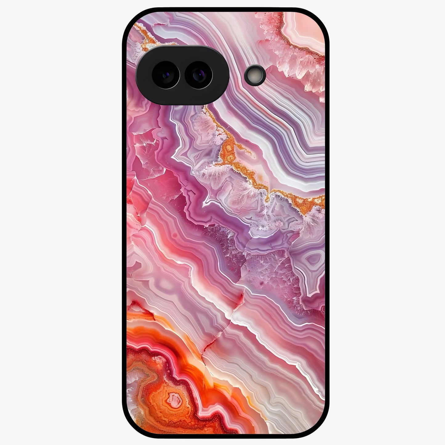 Rose Quartz Marble Glass Case showing flat back view with pink marble quartz texture artwork and glossy glass finish.