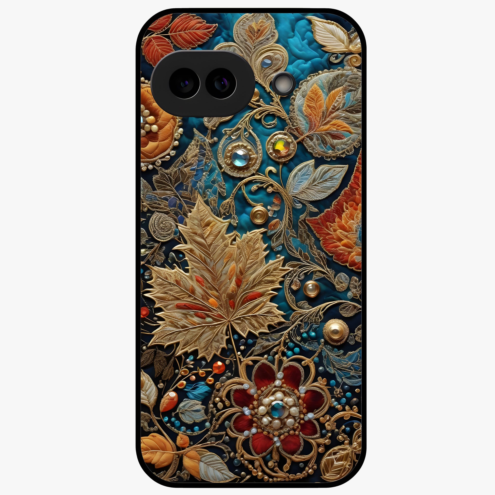 Royal Jewel Garden Glass Case showing flat back view with decorative floral garden artwork and glossy glass finish.