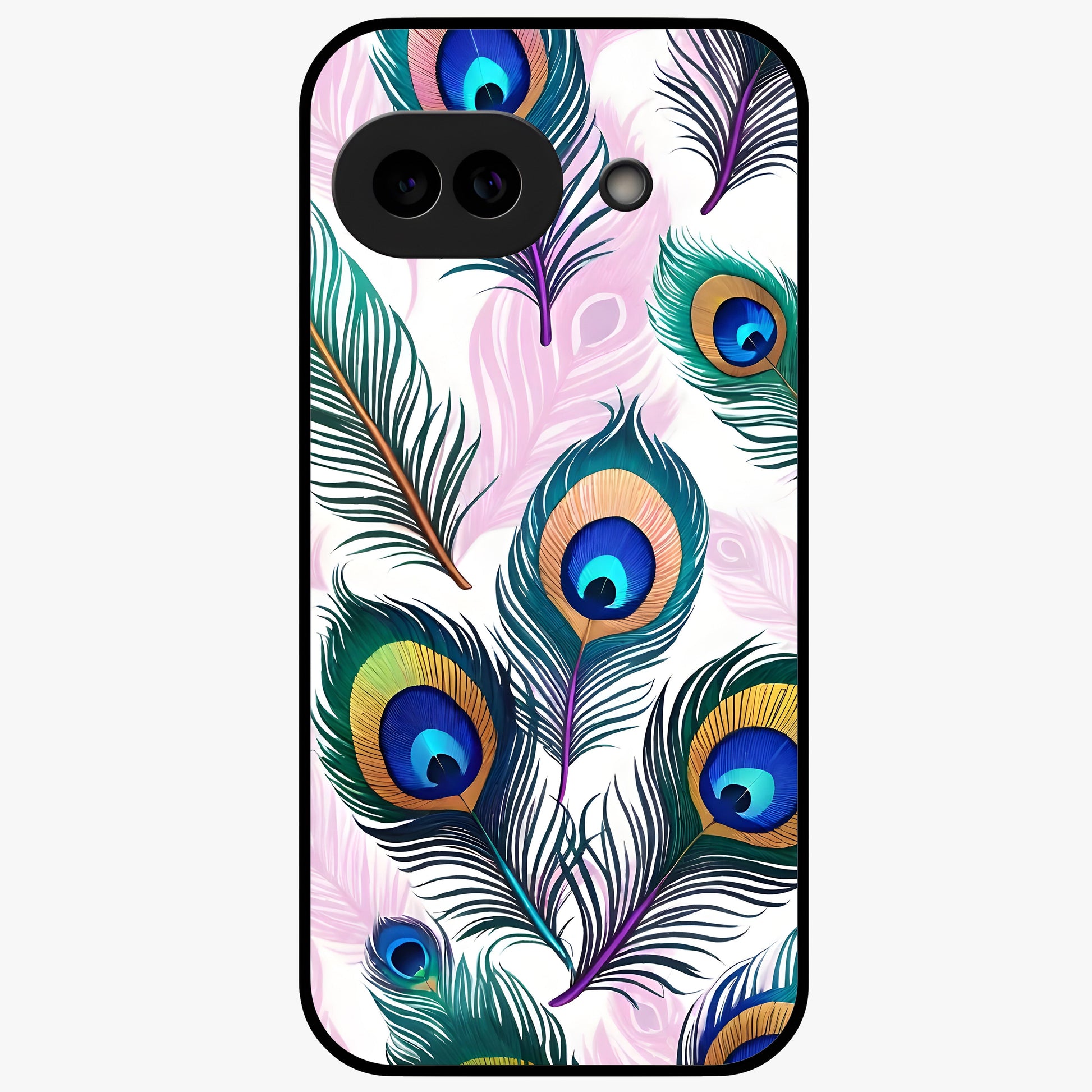 Royal Peacock Feathers Glass Case showing flat back view with colorful peacock feather artwork and glossy glass finish.