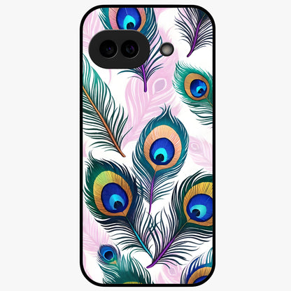 Royal Peacock Feathers Glass Case showing flat back view with colorful peacock feather artwork and glossy glass finish.