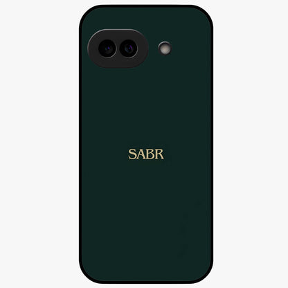 Sabr Minimal Patience Glass Case showing flat back view with minimalist typography artwork and glossy glass finish.