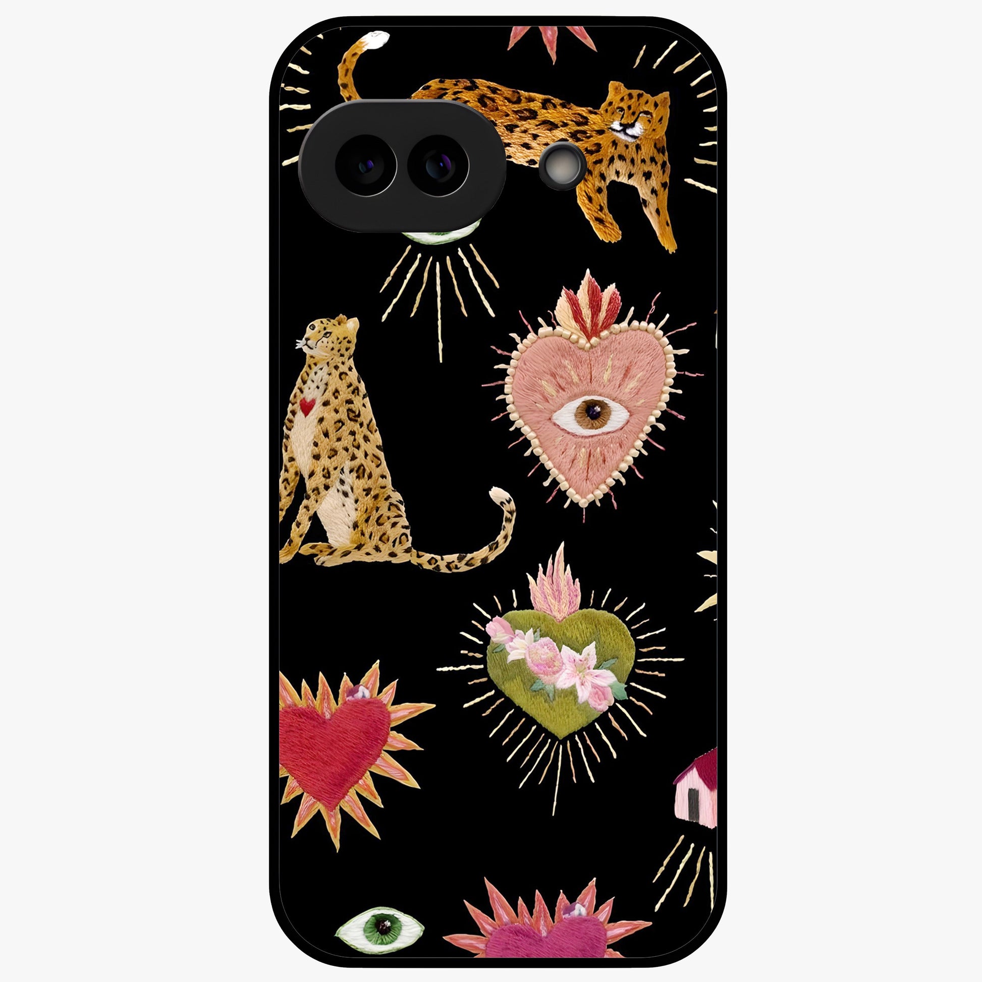 Sacred Jungle Heart Glass Case showing flat back view with jungle inspired heart artwork and glossy glass finish.