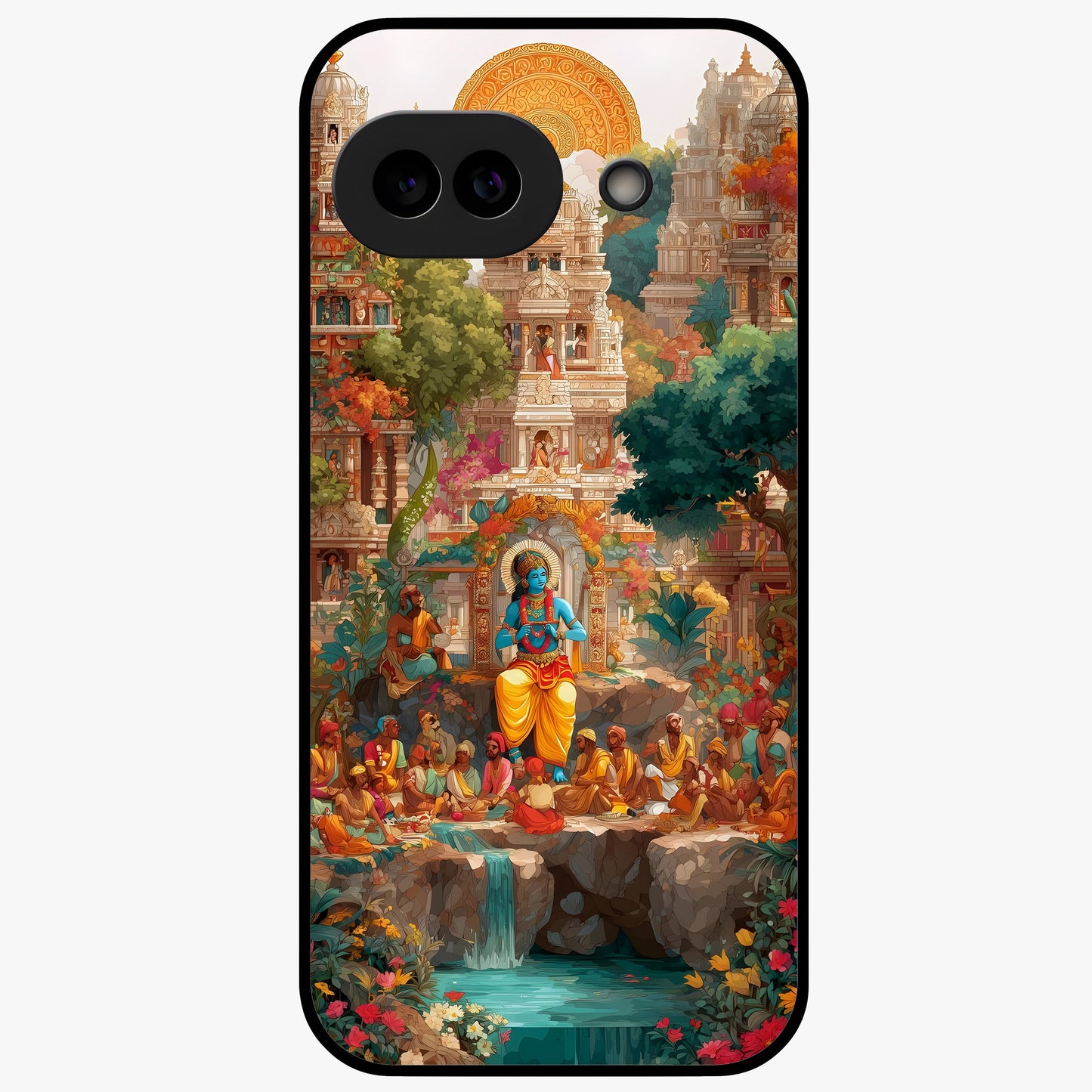 Sacred Sunlight Gods Glass Case showing flat back view with divine sunlight themed artwork and glossy glass finish.