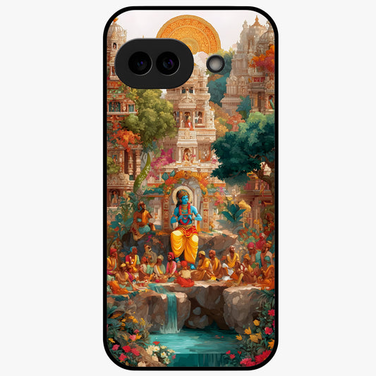 Sacred Sunlight Gods Glass Case showing flat back view with divine sunlight themed artwork and glossy glass finish.