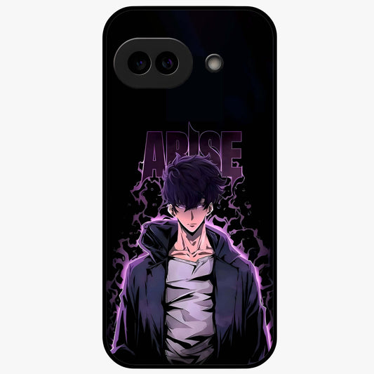 Shadow Monarch Awakening Glass Case showing flat back view with powerful dark monarch themed artwork and glossy glass finish.