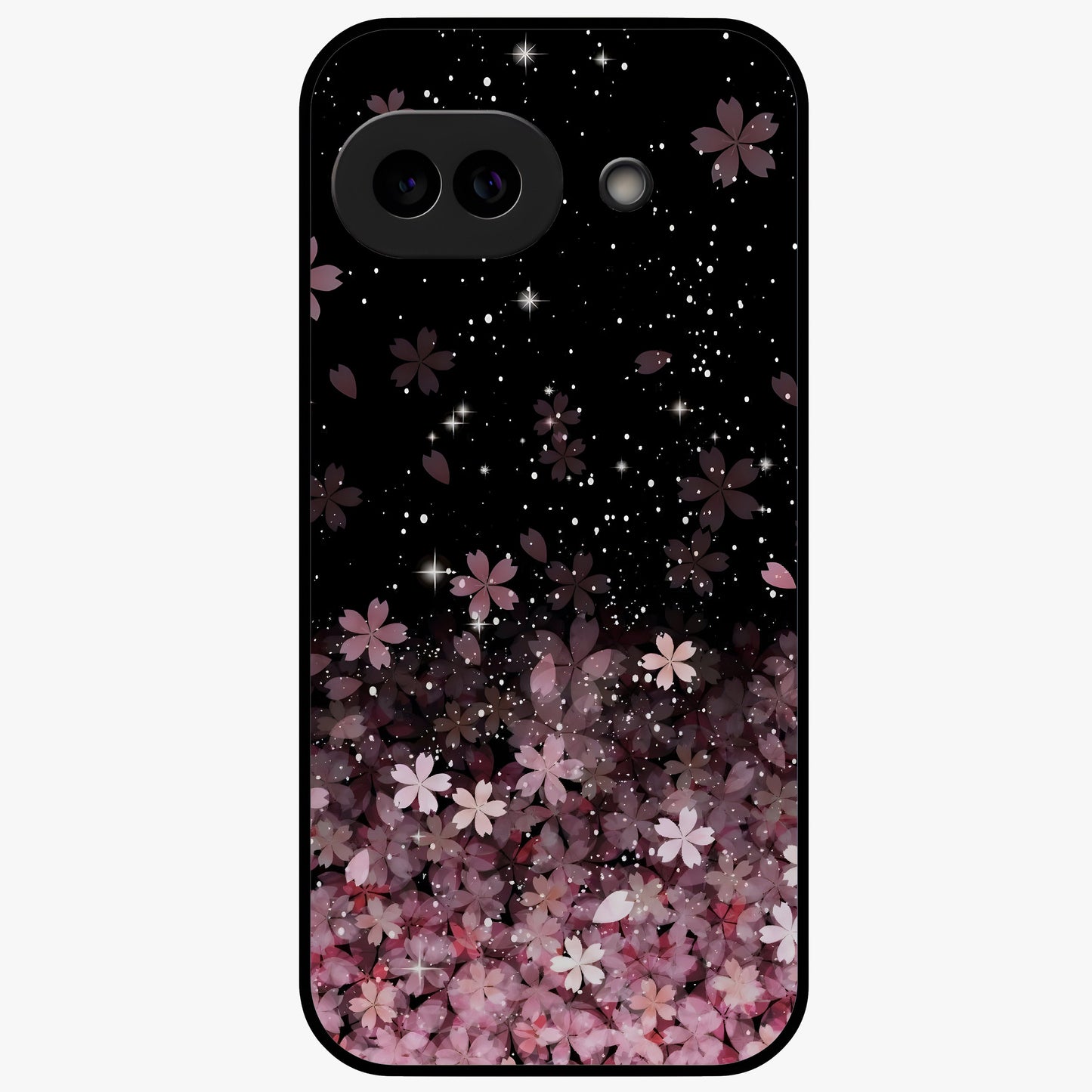 Small Starry Flowers Glass Case showing flat back view with delicate starry floral artwork and glossy glass finish.