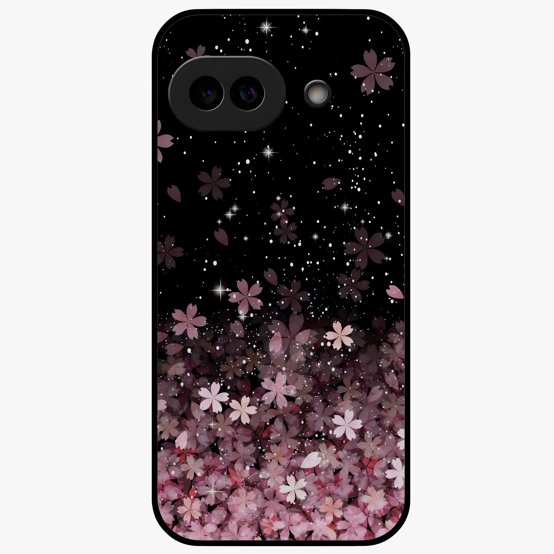 Small Starry Flowers Glass Case showing flat back view with delicate starry floral artwork and glossy glass finish.