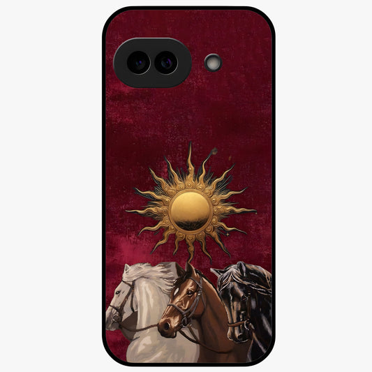 Solar Riders Glass Case showing flat back view with dynamic rider themed artwork and glossy glass finish.