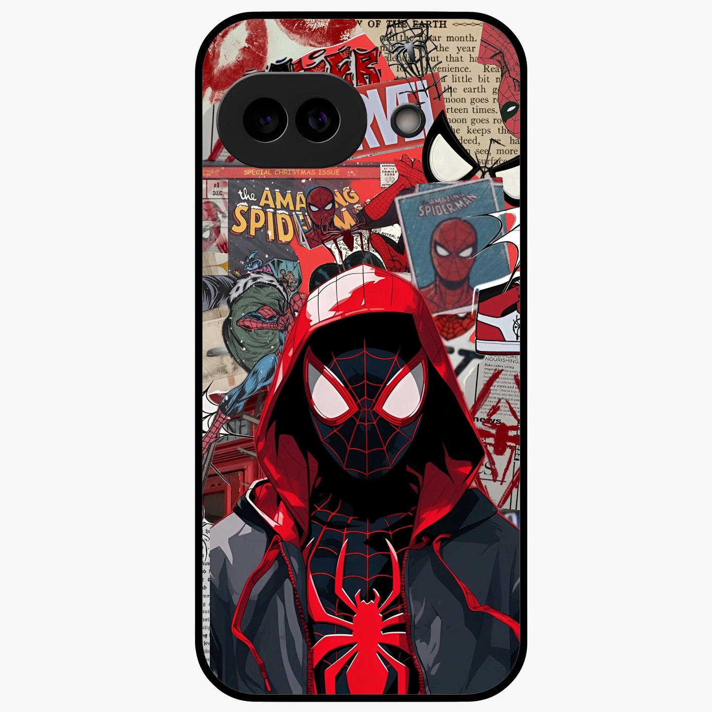 Spider Collage Street Glass Case showing flat back view with vibrant superhero collage artwork and glossy glass finish.