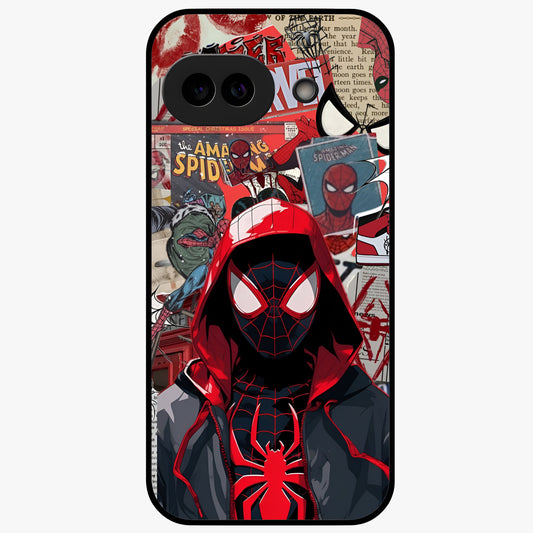 Spider Collage Street Glass Case showing flat back view with vibrant superhero collage artwork and glossy glass finish.