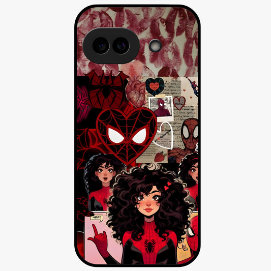 Spider Love Story Glass Case showing flat back view with romantic superhero themed artwork and glossy glass finish.