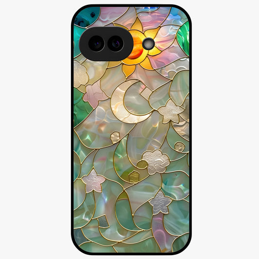 Stained Sunrise Glow Glass Case showing flat back view with glowing sunrise stained pattern artwork and glossy glass finish.