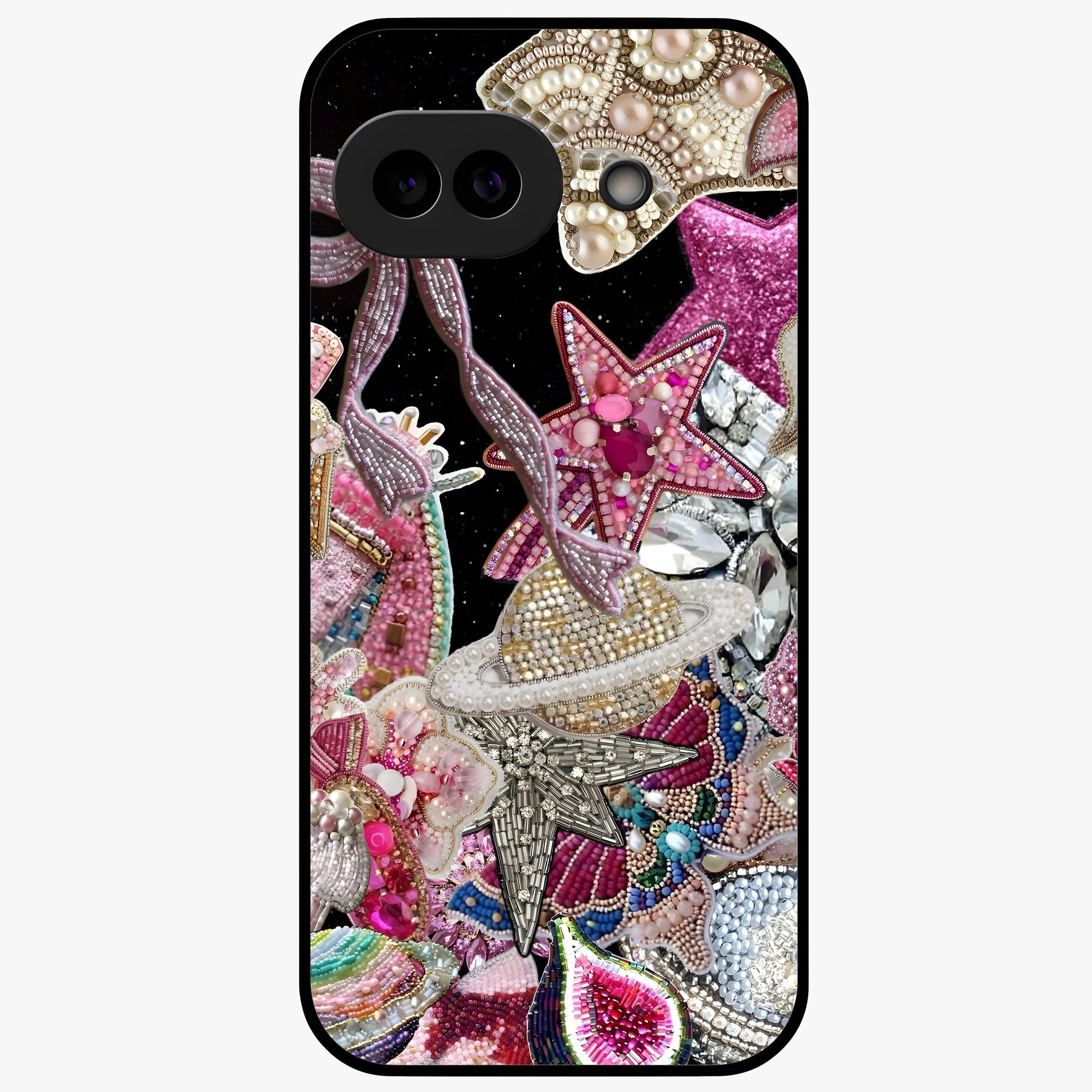 Starlit Jewel Dream Glass Case showing flat back view with sparkling jewel and star themed artwork and glossy glass finish.