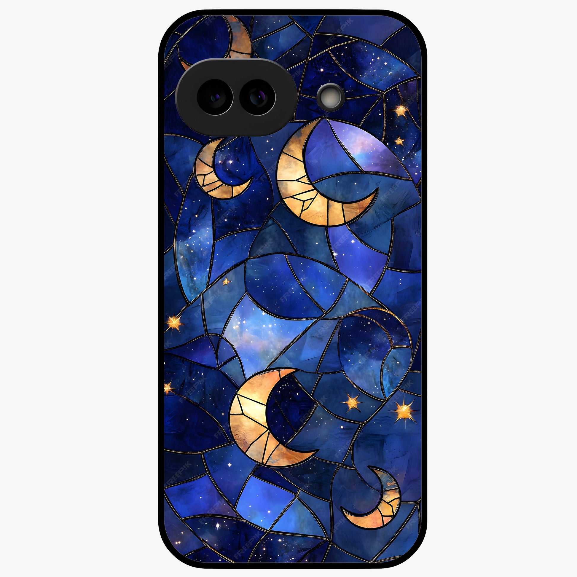 Starlit Sky Tapestry Glass Case showing flat back view with decorative starry sky tapestry artwork and glossy glass finish.