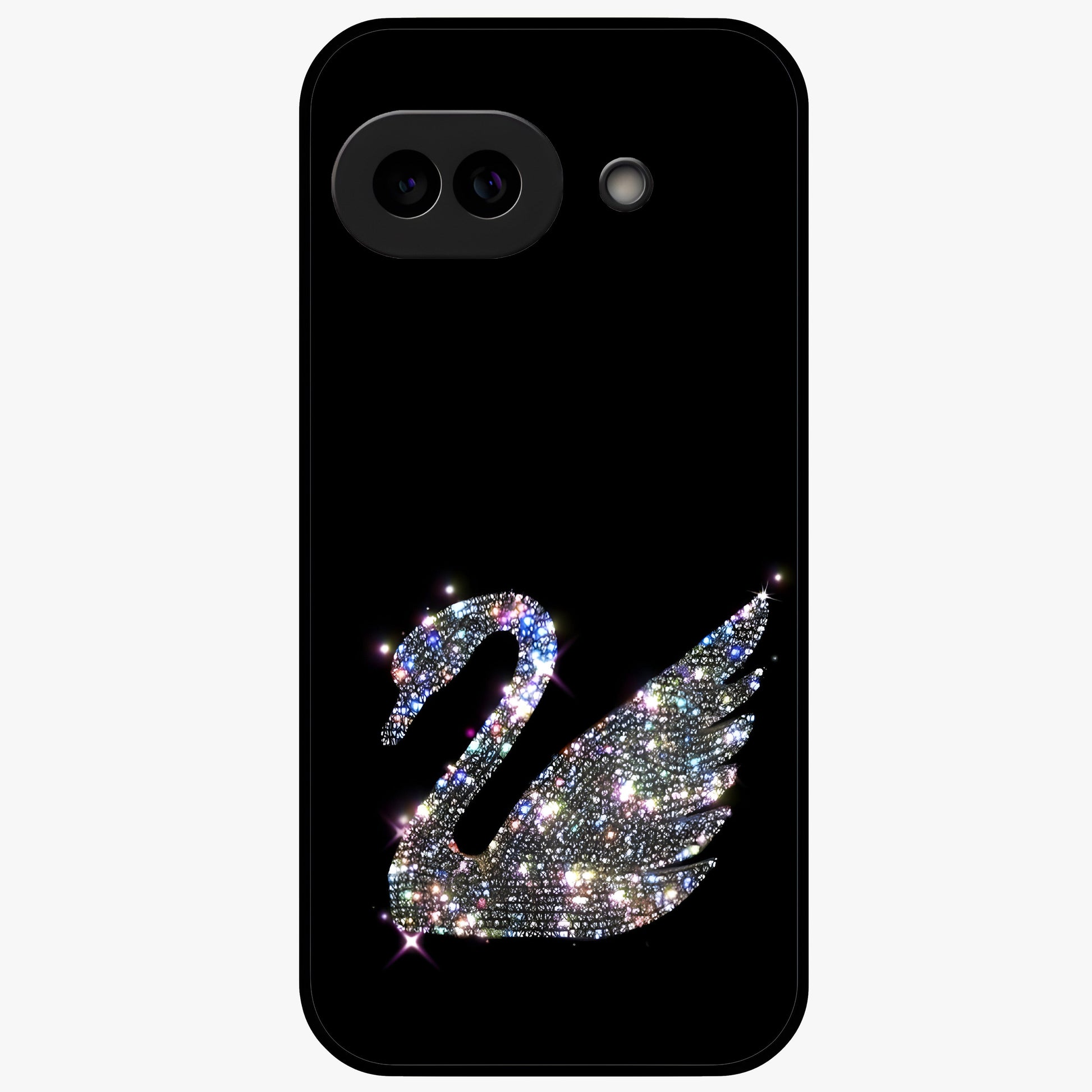 Starlit Swan Grace Glass Case showing flat back view with graceful swan artwork under starry sky and glossy glass finish.
