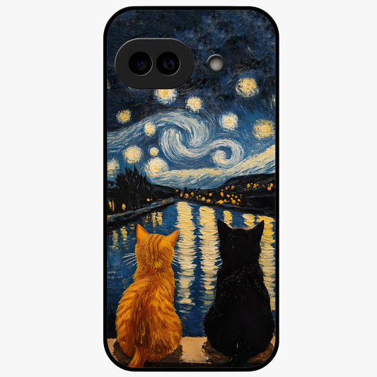 Starry River Cats Glass Case showing flat back view with cats by a starry river artwork and glossy glass finish.