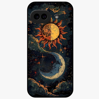 Sun And Moon Magic Design Glass Case showing flat back view with mystical sun and moon artwork and glossy glass finish.
