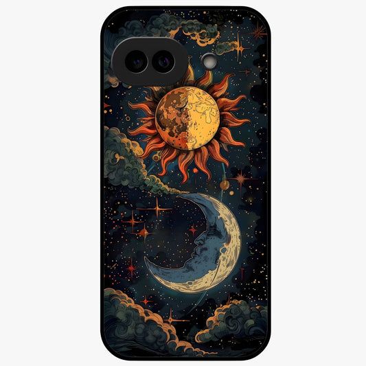 Sun And Moon Magic Design Glass Case showing flat back view with mystical sun and moon artwork and glossy glass finish.
